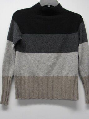 Kinross 100% Cashmere Bold Stripe Mock Neck Sweater Women's sz XS Black Gray Tan